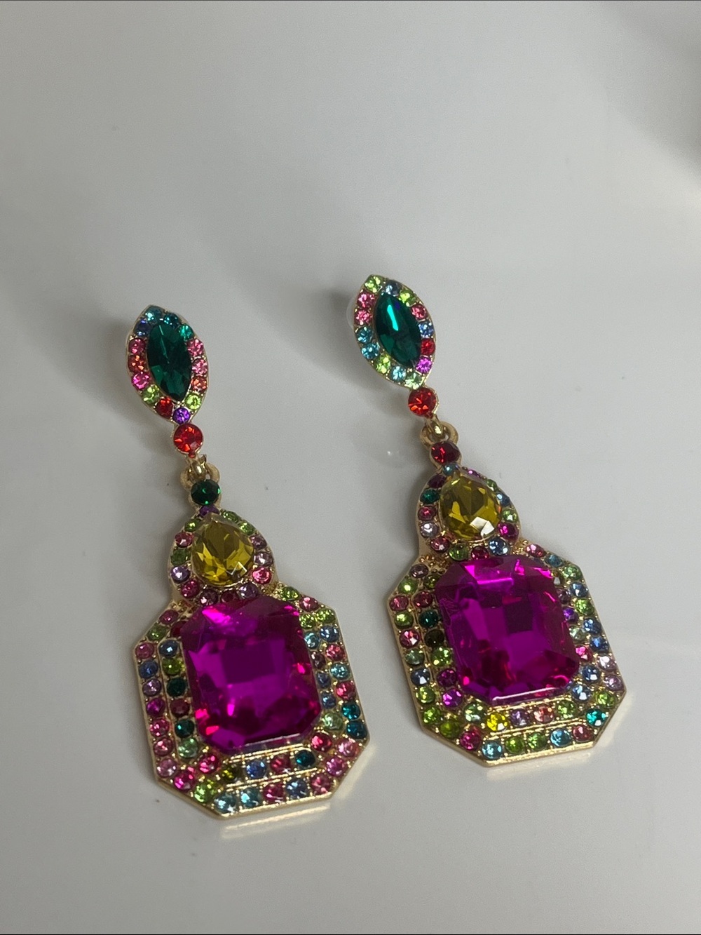 Multicolor Crystal Drop Earrings with Fuchsia Center - Picture 5 of 7
